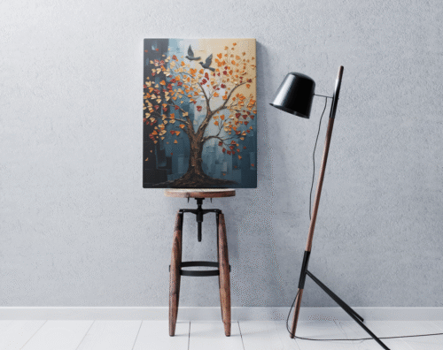 Tableau Décoratif Abstrait Arbre d'Automne et Oiseaux
