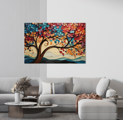 Tableau Décoratif Abstrait Arbre d'Automne et Oiseaux